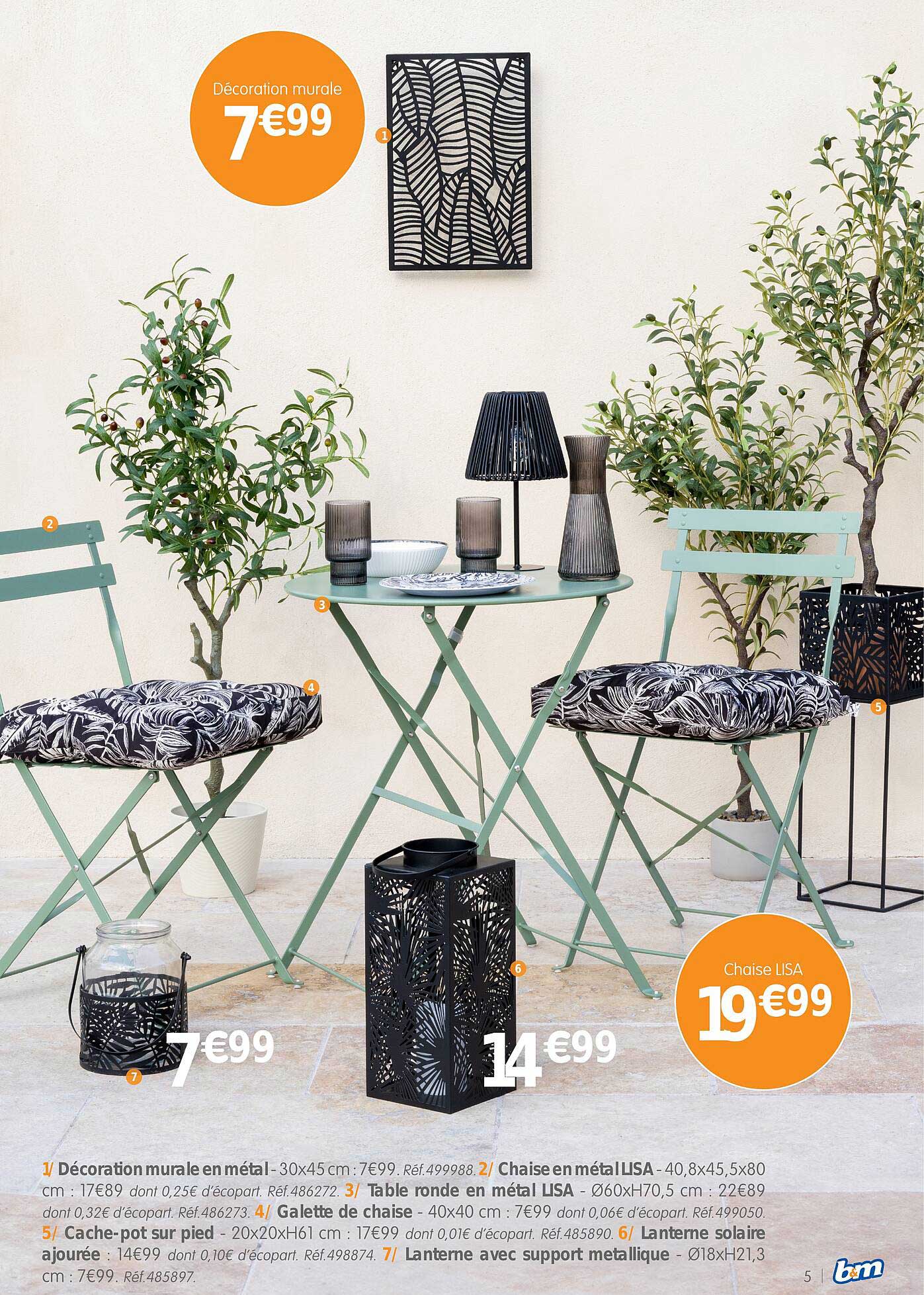 décoration murale en métal, chaise en métal LISA, table ronde en métal LISA, galette de chaise, cache-pot sur pied, lanterne solaire ajourée, lanterne avec support métallique