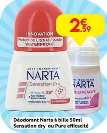déodorant narta à bille 50 ml sensation dry ou pure efficacité