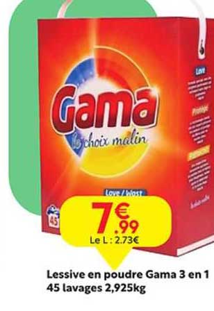 lessive en poudre gama 3 en 1 45 lavages 2,925 kg
