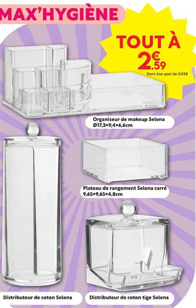 organiseur de makeup selena ø17,3 x 9,4 x 6,6 cm, plateau de rangement selena carré 9,65 x 9,65 x 4,8 cm, distributeur de coton selena, distributeur de coton tige selena