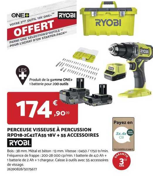 Perceuse Visseuse à Percussion Rpd18-2c42ta55 18v + 55 Accessoires Ryobi