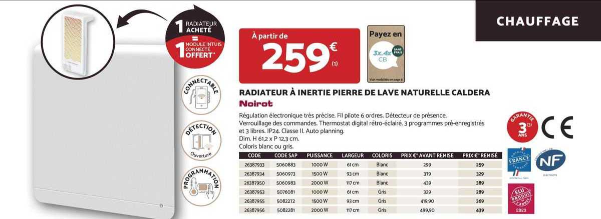 radiateur à inertie pierre de lave naturelle caldera noirot