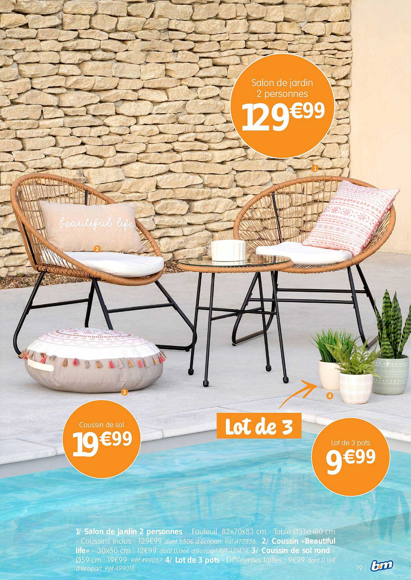 salon de jardin 2 personnes, coussin «beautiful life», coussin de sol rond, lot de 3 pots