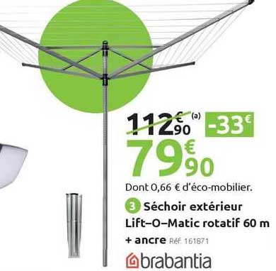 séchoir extérieur lift-o-matic rotatif 60 m + ancre brabantia