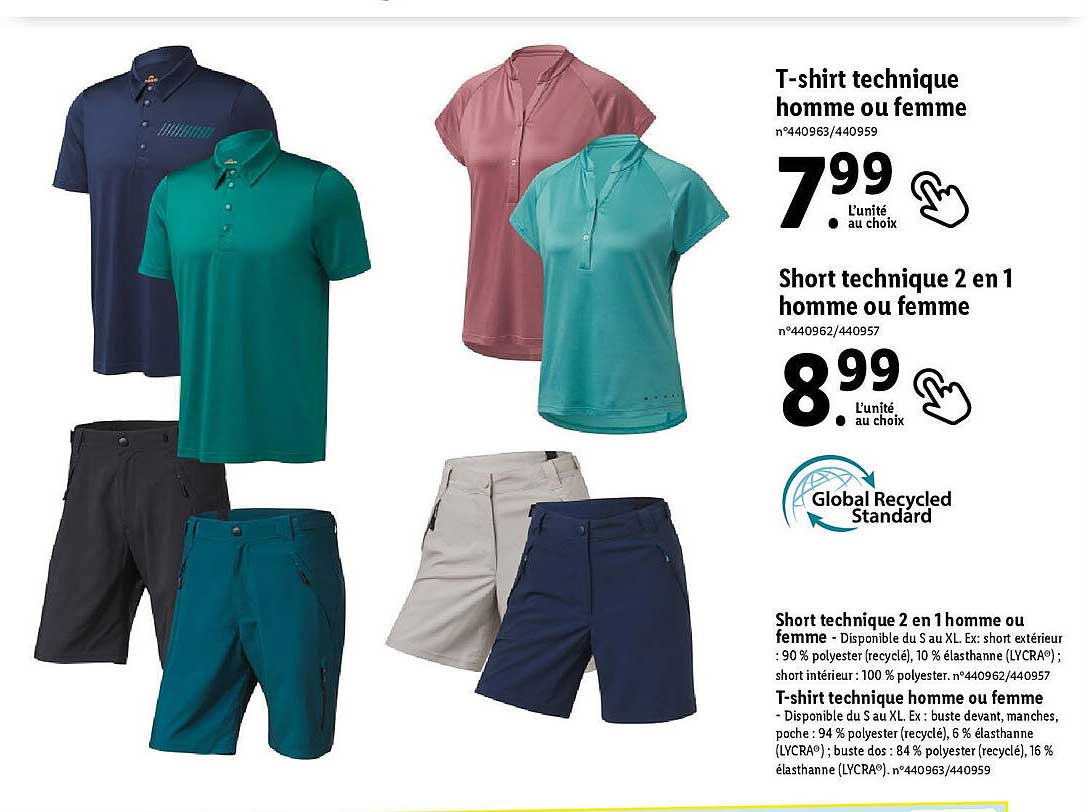 t-shirt  technique homme ou femme ou short technique 2 en 1 homme ou femme