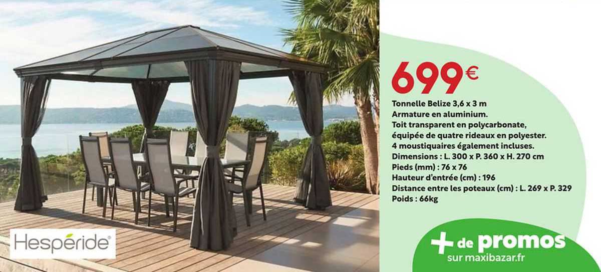 tonnelle belize 3,6 x 3 m armature en aluminium