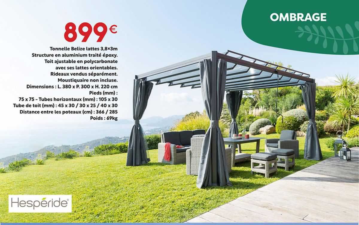 tonnelle belize lattes 3,8 x 3 m structure  en aluminium traité époxy