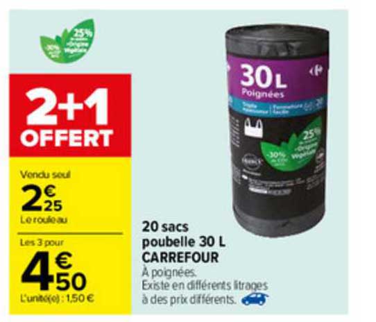 20 Sacs Poubelle 30 L Carrefour 2+1 Offert