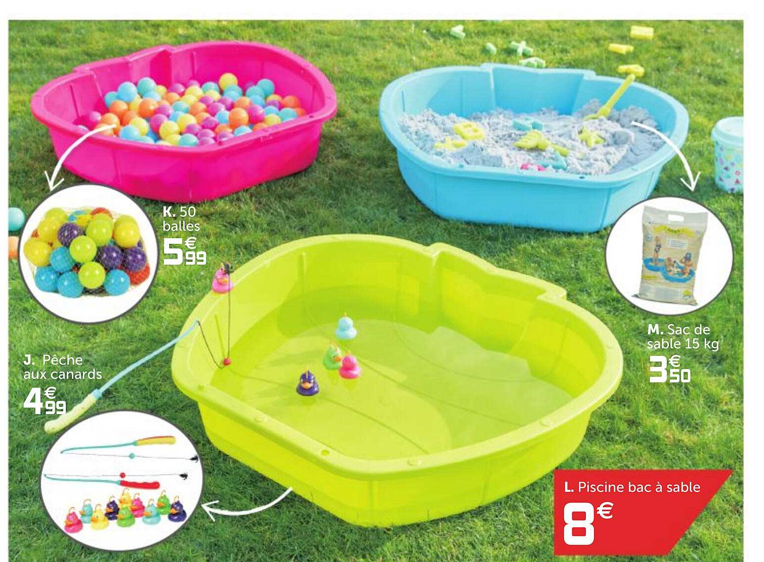 50 balles, pêche aux canards, sac de sable 15 kg, piscine bac à sable