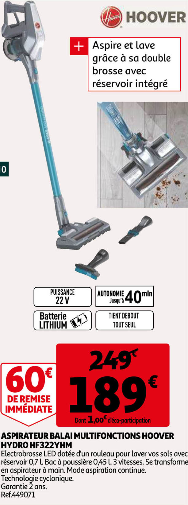 aspirateur balai multifonctions hoover hydro hf322yhm