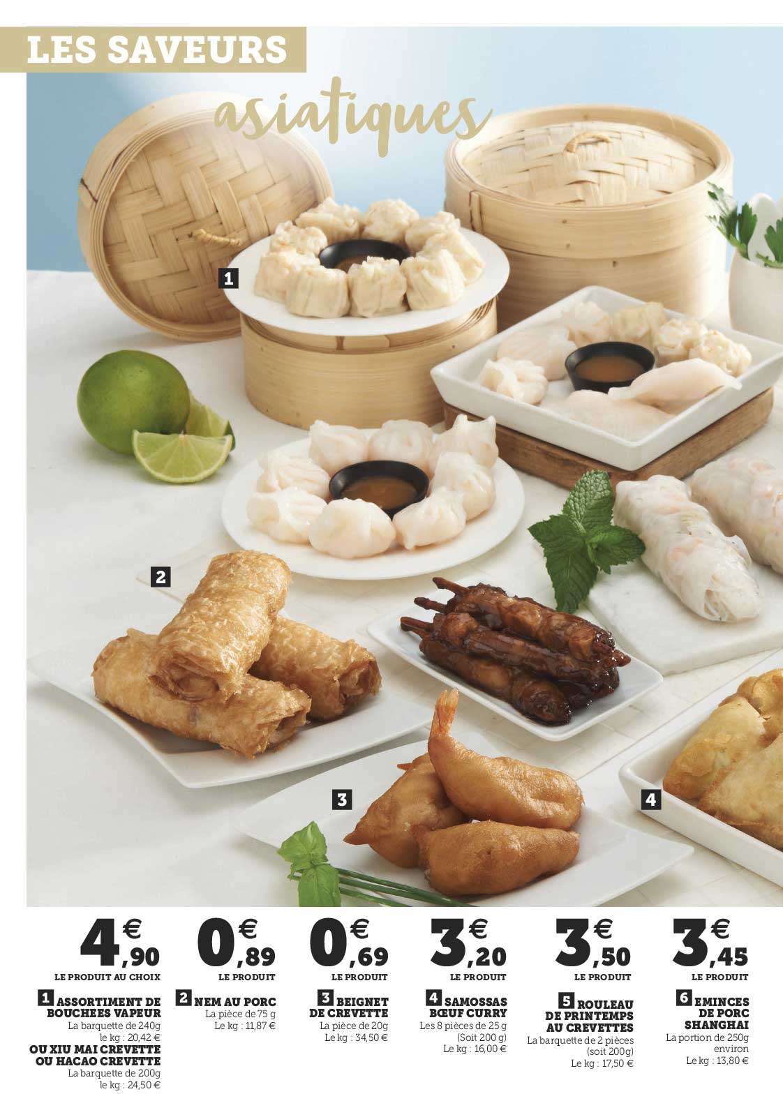 assortiment de bouchées vapeur, nem au porc, beignet de crevette, samoussas bœuf curry, rouleaux de printemps au crevettes, émincé de porc shanghai