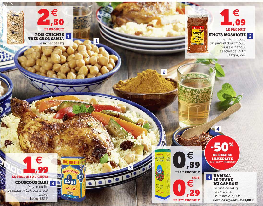 couscous dari, pois chiches très gros samia, épices mosaïque, harissa le phare du cap bon