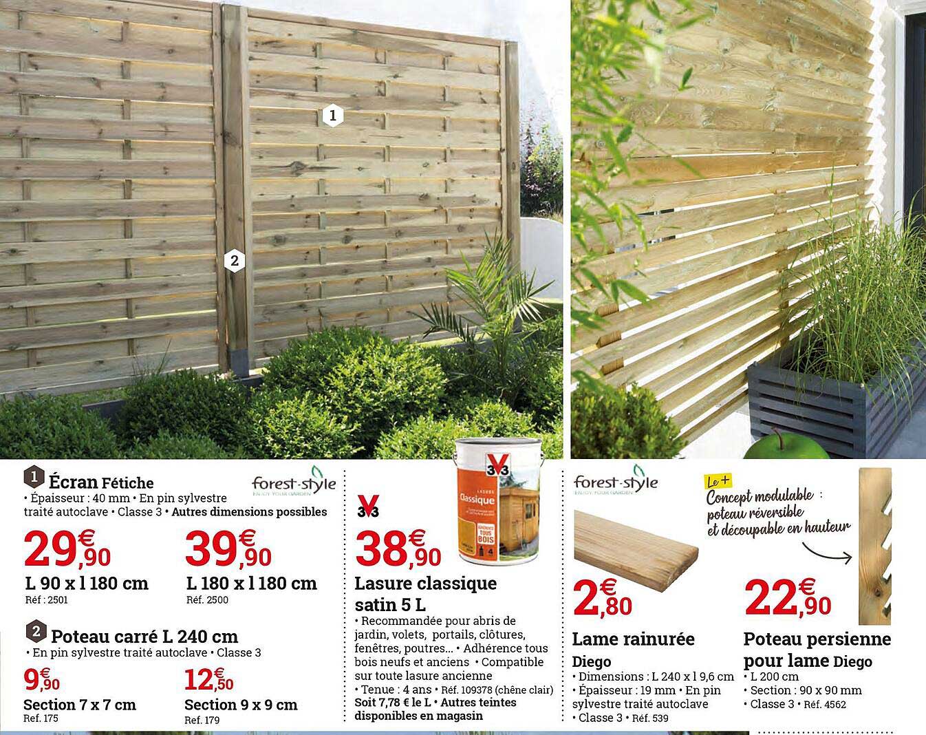 écan fétiche, poteau carré l 240 cm, lasure classique satin 5l, lame rainurée diego, poteau persienne pour lame diego