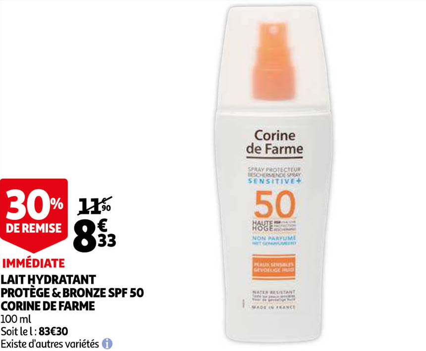 lait hydratant protège&bronze spf 50 corine de farme