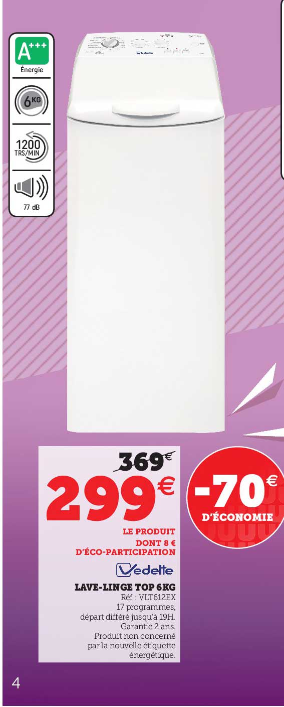 lave-linge top 6 kg vedette