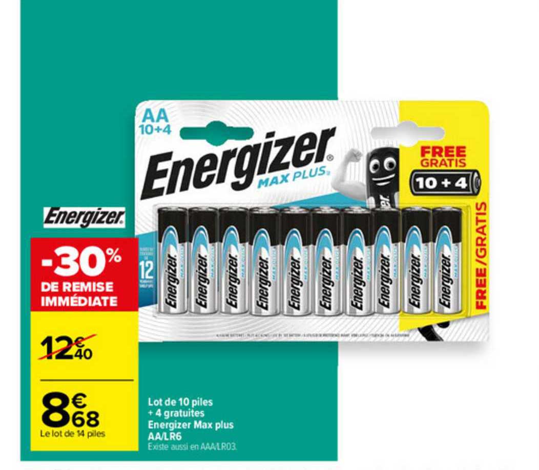 lot de 10 piles + 4 gratuites energizer max plus aa-lr6 -30% de remise immédiate