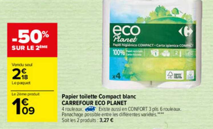 papier toilette compact blanc carrefour eco planet -50% sur le 2ème