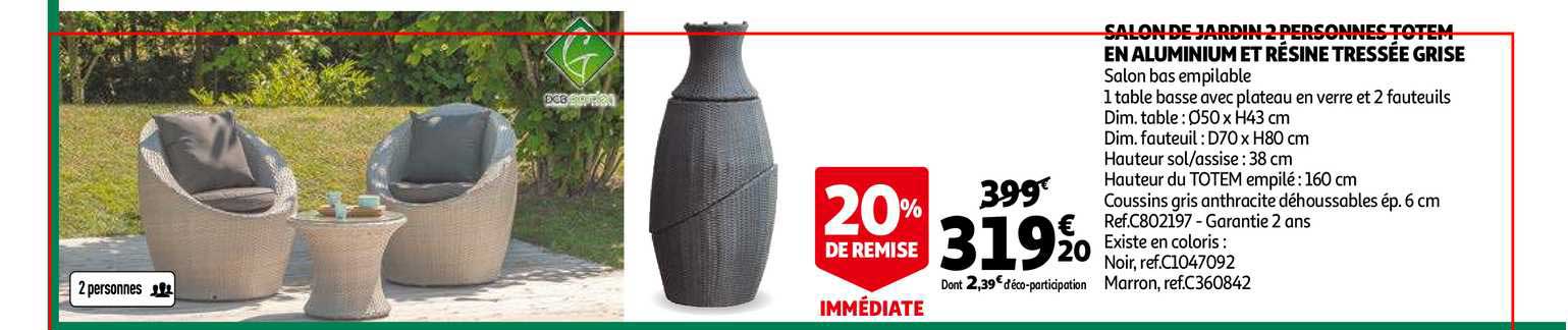 Salon De Jardin 2 Personnes Totem En Aluminium Et Résine Tressée Grise