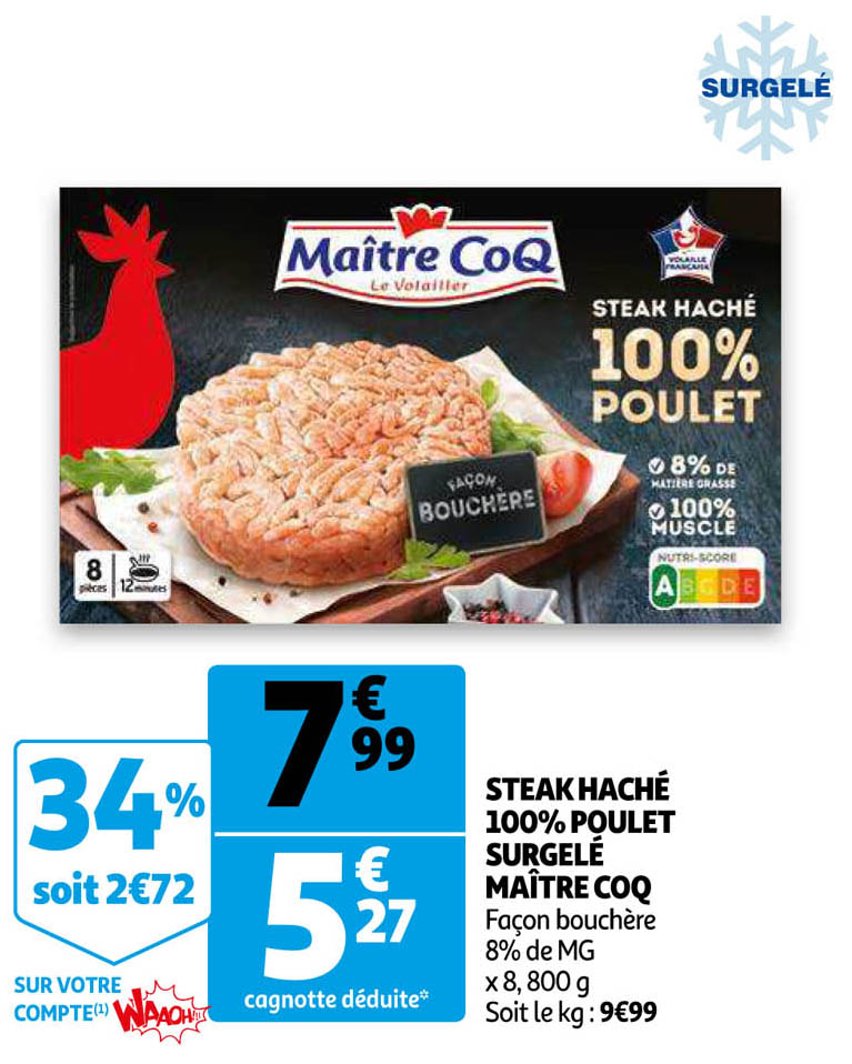 steak haché 100% poulet surgelés maître coq