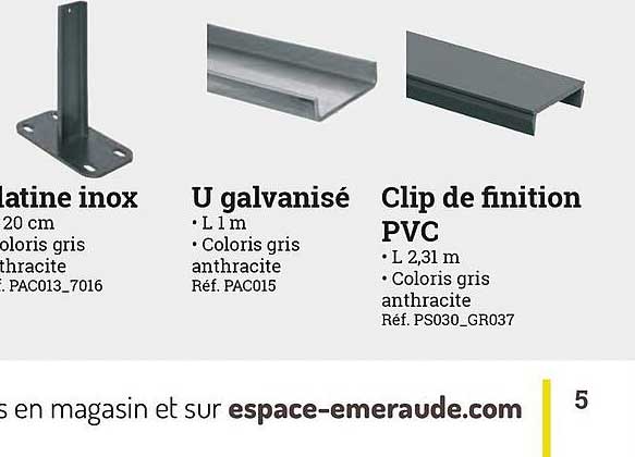 u galvanisé, clip de finition pvc