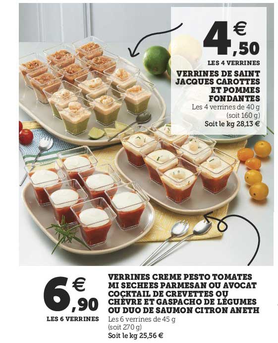 verrine de saint jacques carottes et pommes fondantes, verrines crème pesto tomates mi séchées parmesan ou avocat cocktail de crevettes ou chèvre et gaspacho de légumes ou duo de saumon citron aneth