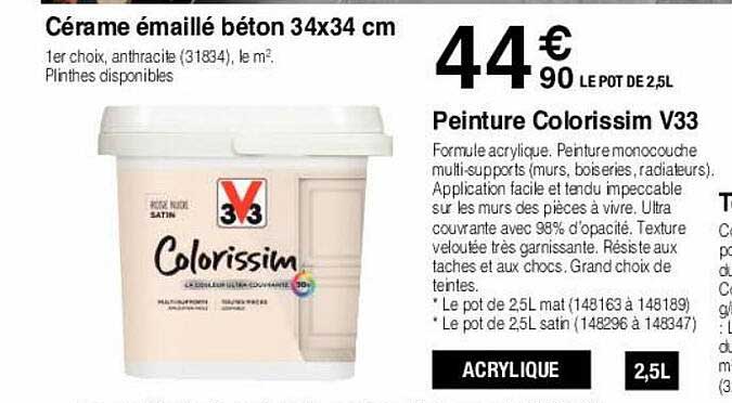 cérame émaillé béton 34x34 cm, peinture colorissim v33