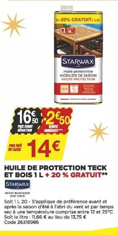 huile de protection teck et bois 1 l + 20% gratuit starwax