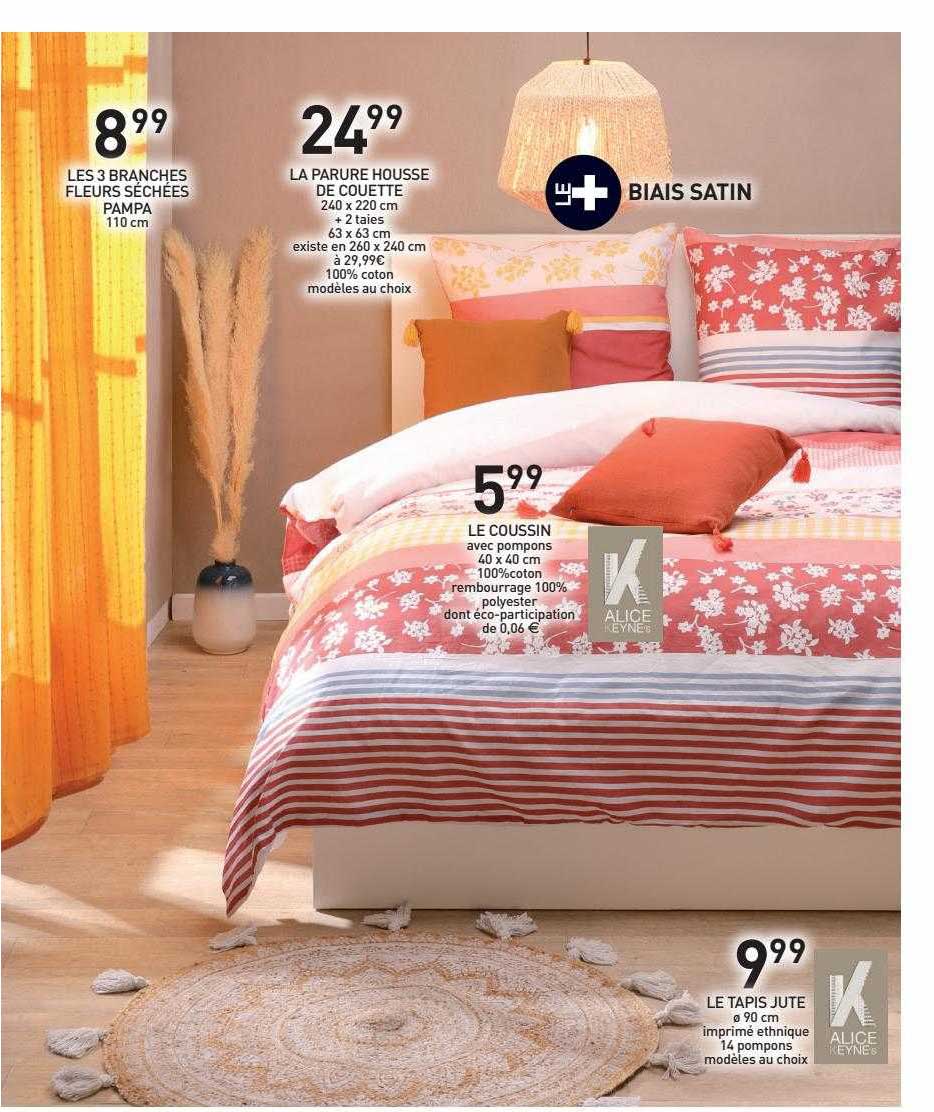 les 3 branches fleurs séchées pampa, la parure housse de couette, le coussin, le tais jute