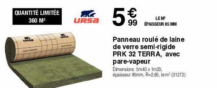 panneau roulé de laine de verre semi-rigide prk 32 terra, avec pare-vapeur