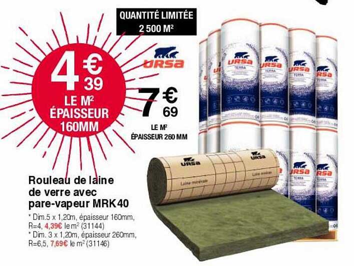 rouleau de laine de verre avec pare-vapeur mrk 40 ursa