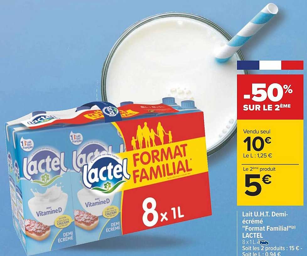 lait u.h.t. demi-écrémé "format familial" lactel