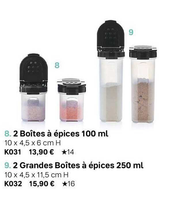 2 boîtes à épices 100 ml, 2 grandes boîtes à épices 250 ml