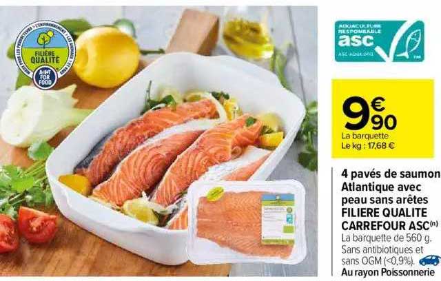 4 pavés de saumon atlantique avec peau sans arêtes filiere qualite carrefour asc