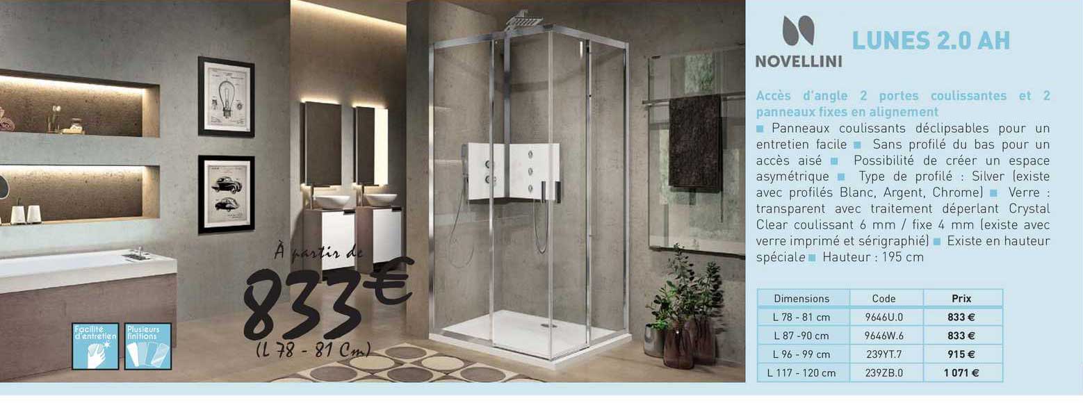 accès d'angle 2 portes coulissantes et 2 panneaux fixes en alignement lunes 2.0 ah novellini