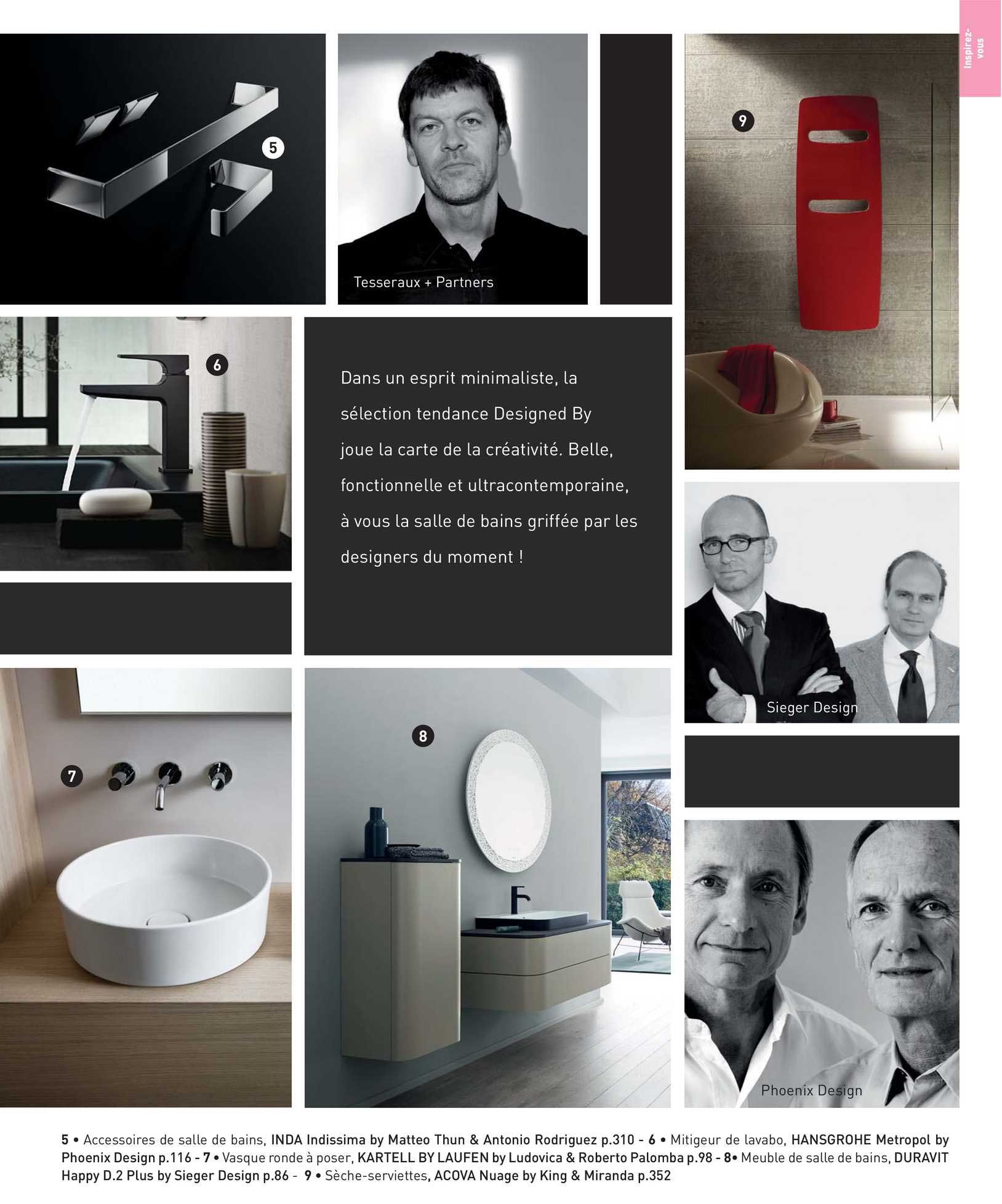 accessoires de salle de bains, inda, mitigeur de lavabo hansgrohe, vasque ronde à poser  kartell by laufen, meuble de sale de bains duravit, sèche-serviettes acova