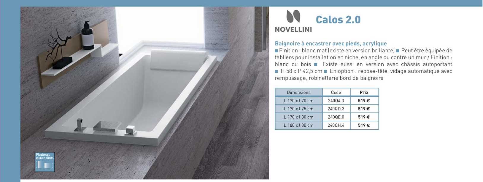 baignoire à encastrer avec pieds, acrylique calos 2.0 novellini