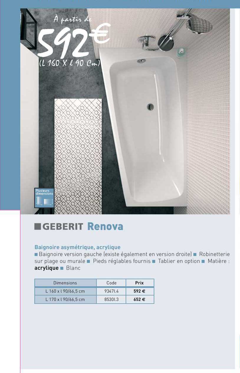 baignoire asymétrique, acrylique renova geberit