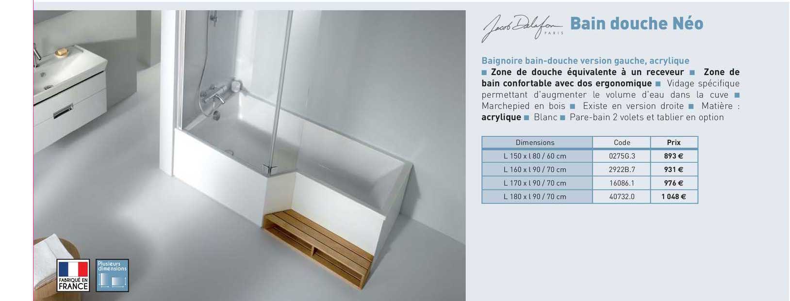 baignoire bain-douche version gauche, acrylique jacob delafon