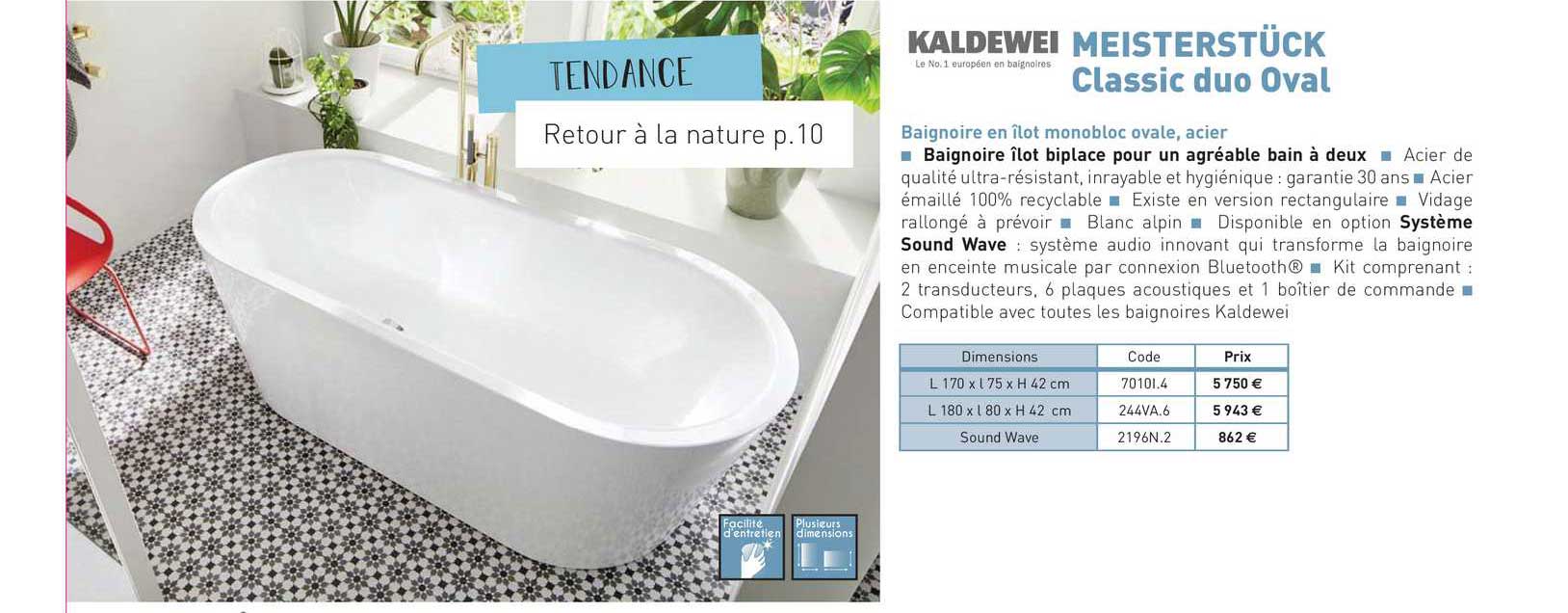 baignoire en îlot monobloc ovale, acier meisterstïck classic duo oval kaldewei