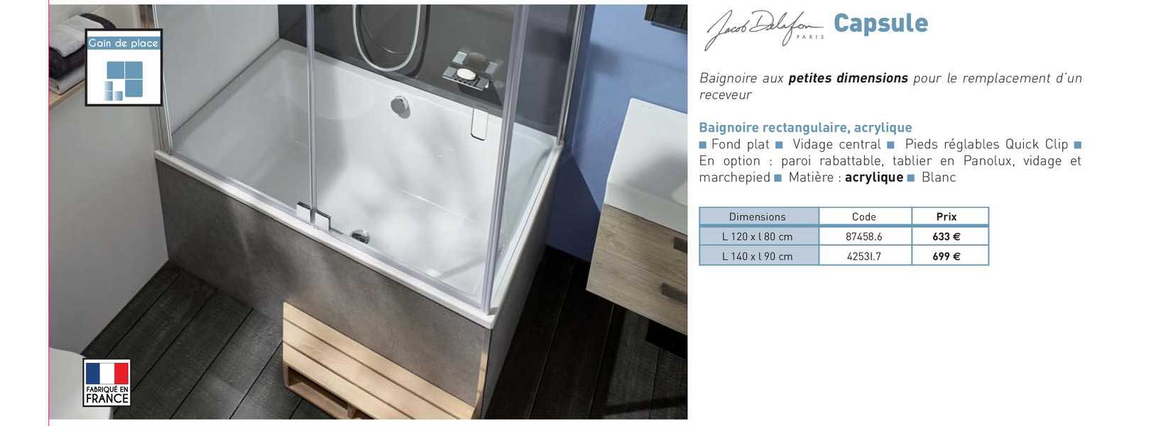 baignoire rectangulaire, acrylique capsule jacob delafon