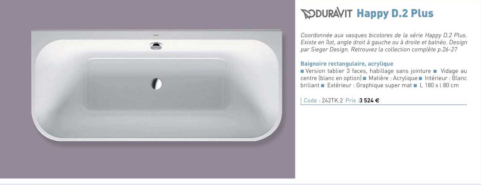 baignoire rectangulaire, acrylique happy d.2 duravit