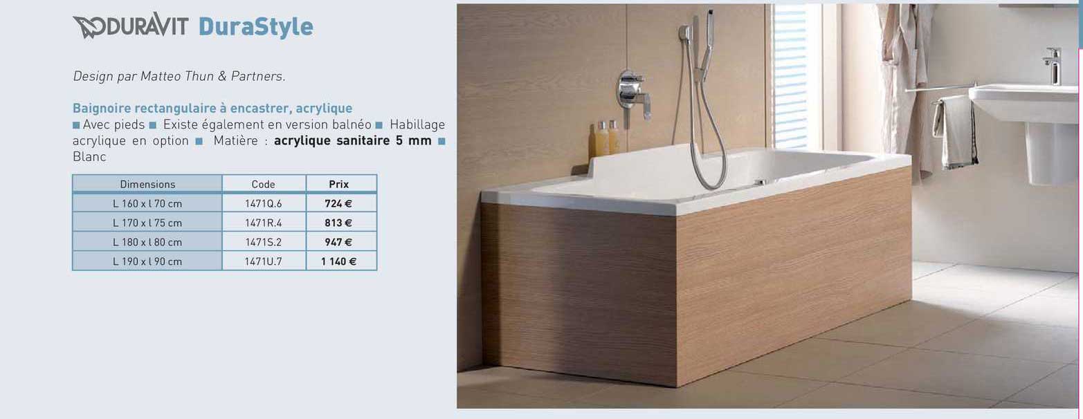 baignoire rectangulaire à encastrer, acrylique durastyle duravit