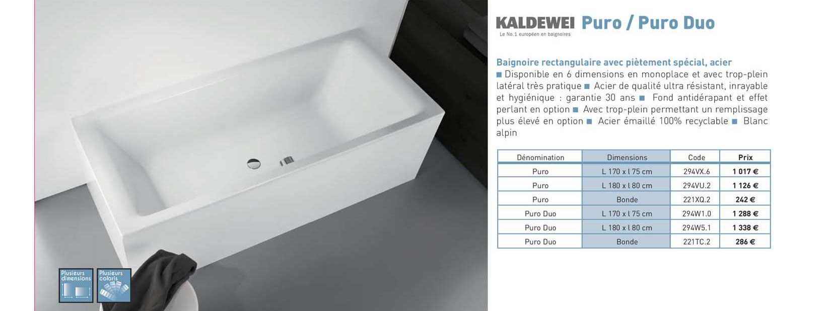 Baignoire Rectangulaire Avec Piètement Spécial, Acier Puro - Puro Duo Kaldewei