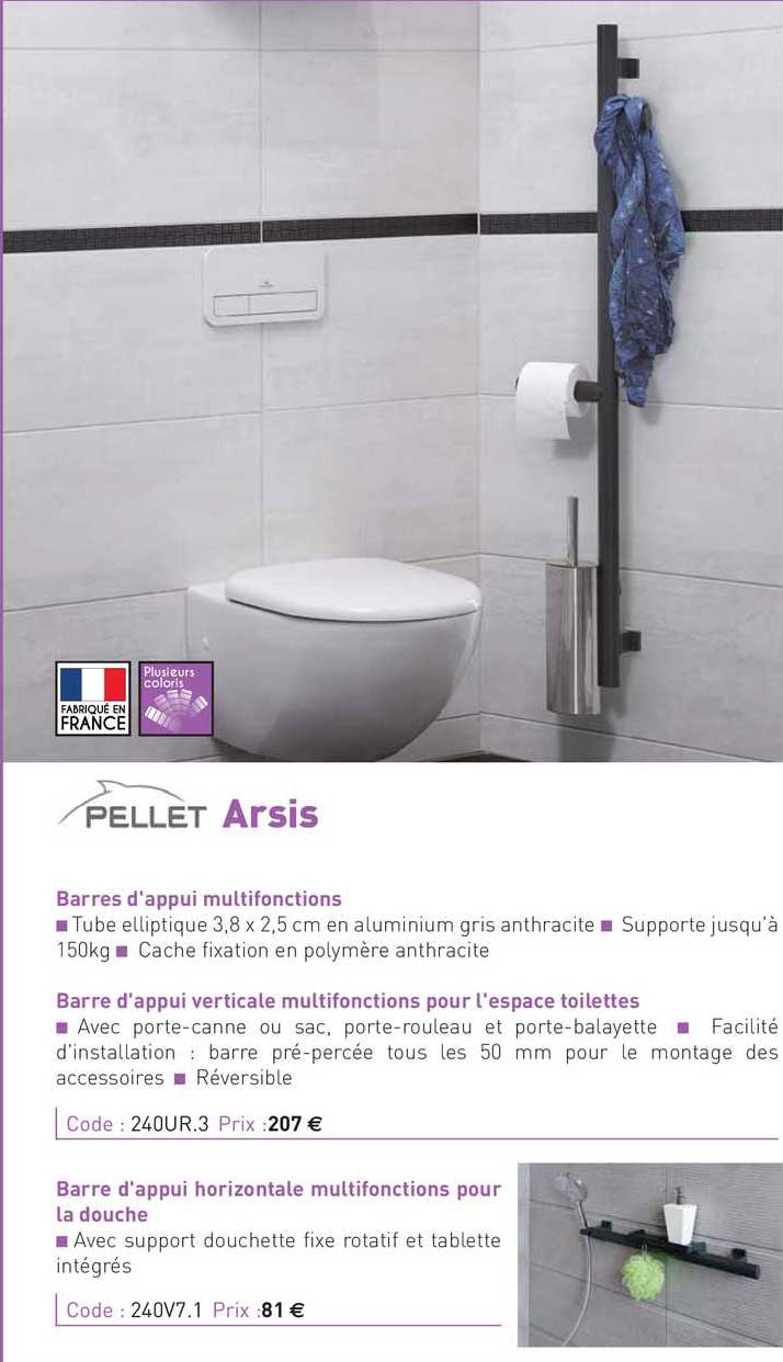 barre d'appui multifonctions, barre d'appui verticale multifonctions pour l'espace toilettes, barre d'appui horizontale multifonctions pour la douche arsis pellet
