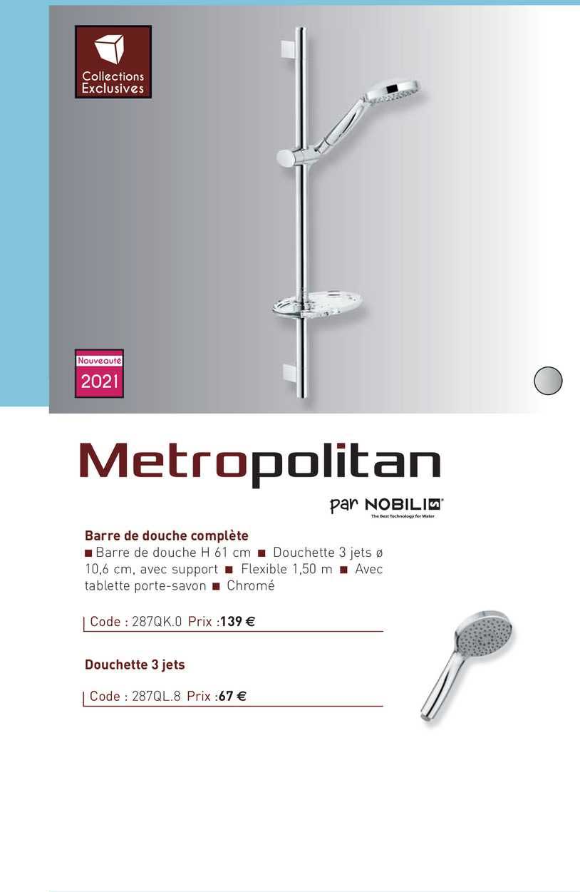 barre de douche complète, douchette 3 jets metropolitan par nobilis