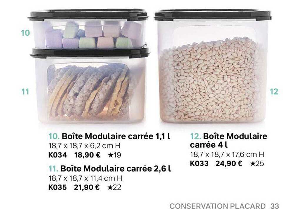 boîte modulaire carré 1,1 l, boîte modulaire carré 2,6 l, boîte modulaire carrée 4 l