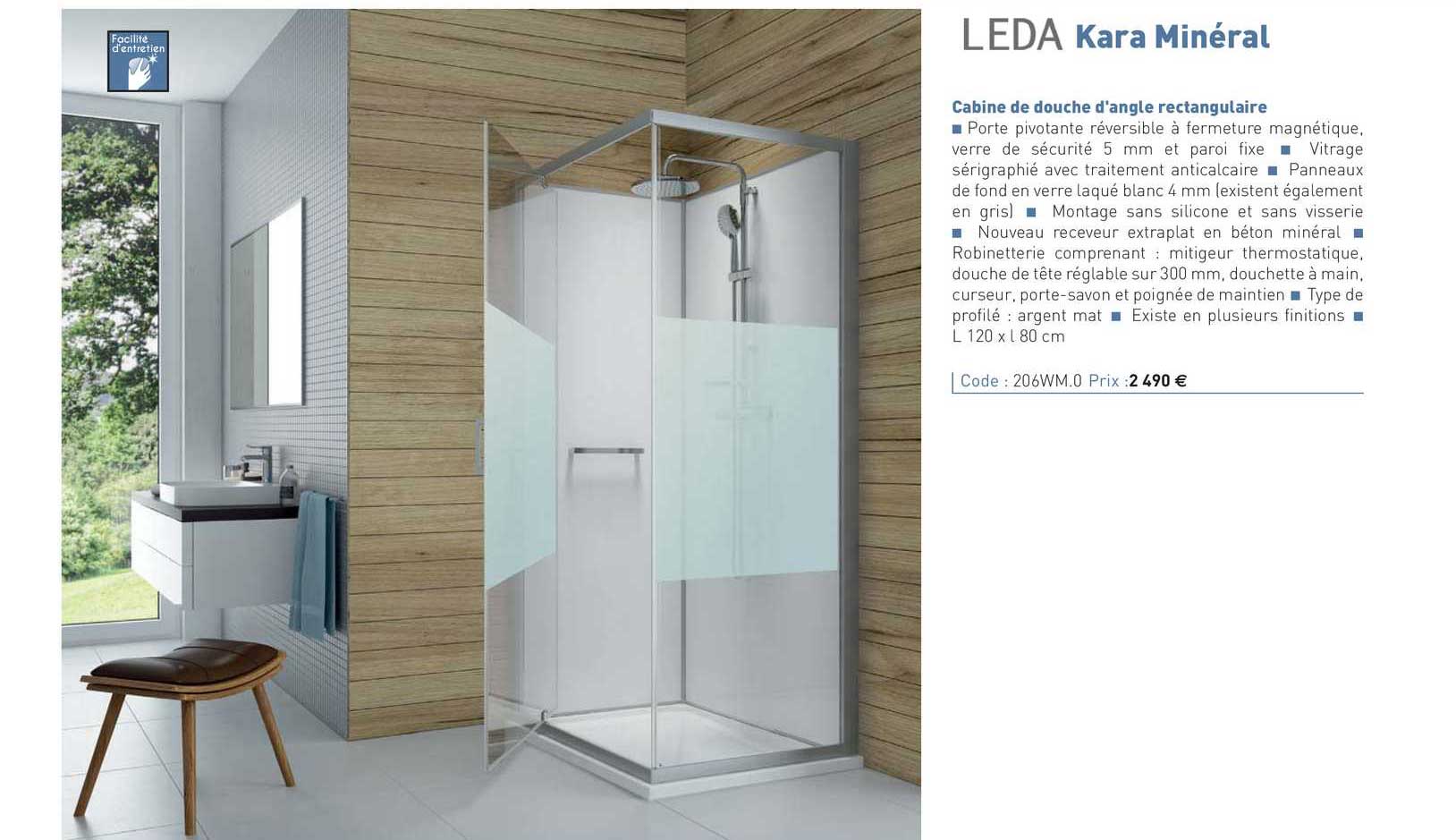 cabine de douche d'angle rectangulaire kara minéral led