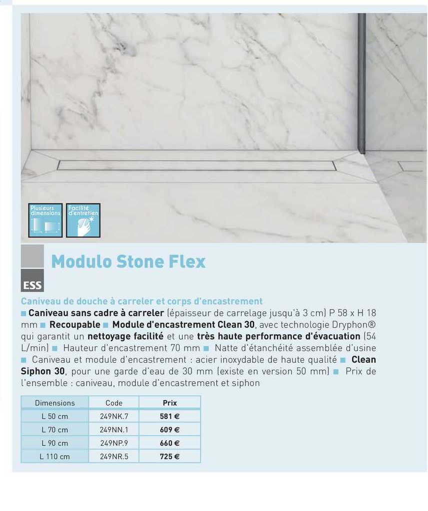 caniveau de douche à carreler et corps d'encastrement modulo stone flex ess