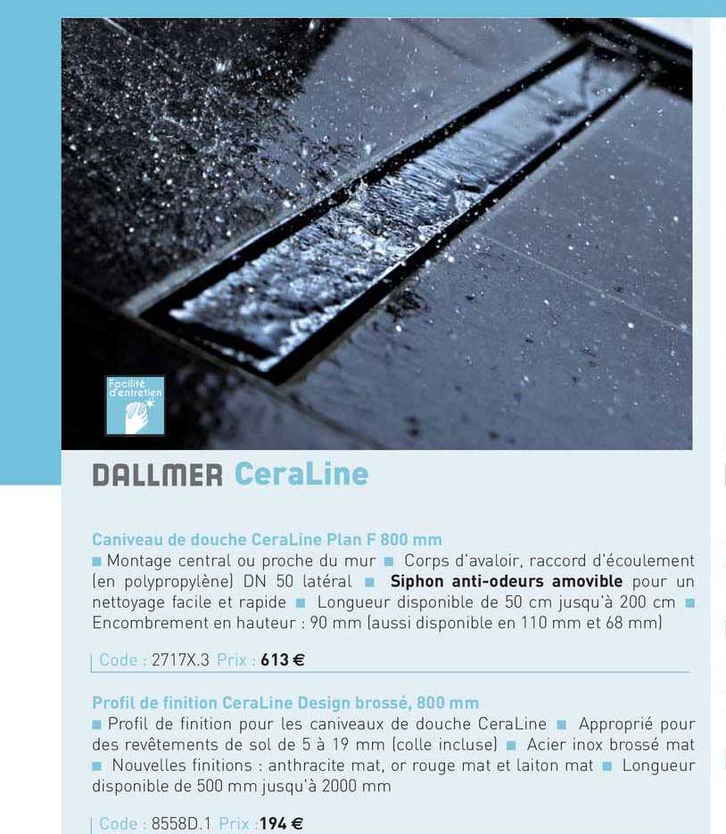 caniveau de douche ceraline plan f 800 mm, profil de finition ceraline design brossé, 800 mm dallmer