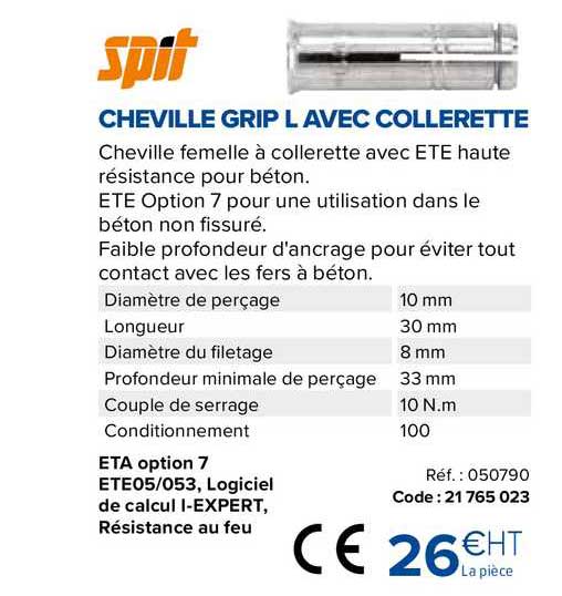 Cheville grip L avec collerette